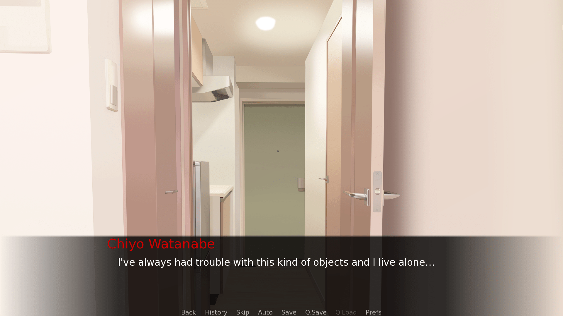 Une image représentant un exemple de l'interface joueur du visual novel. On y voit une image d'illustration ainsi qu'une boîte de dialogue et diverses options.