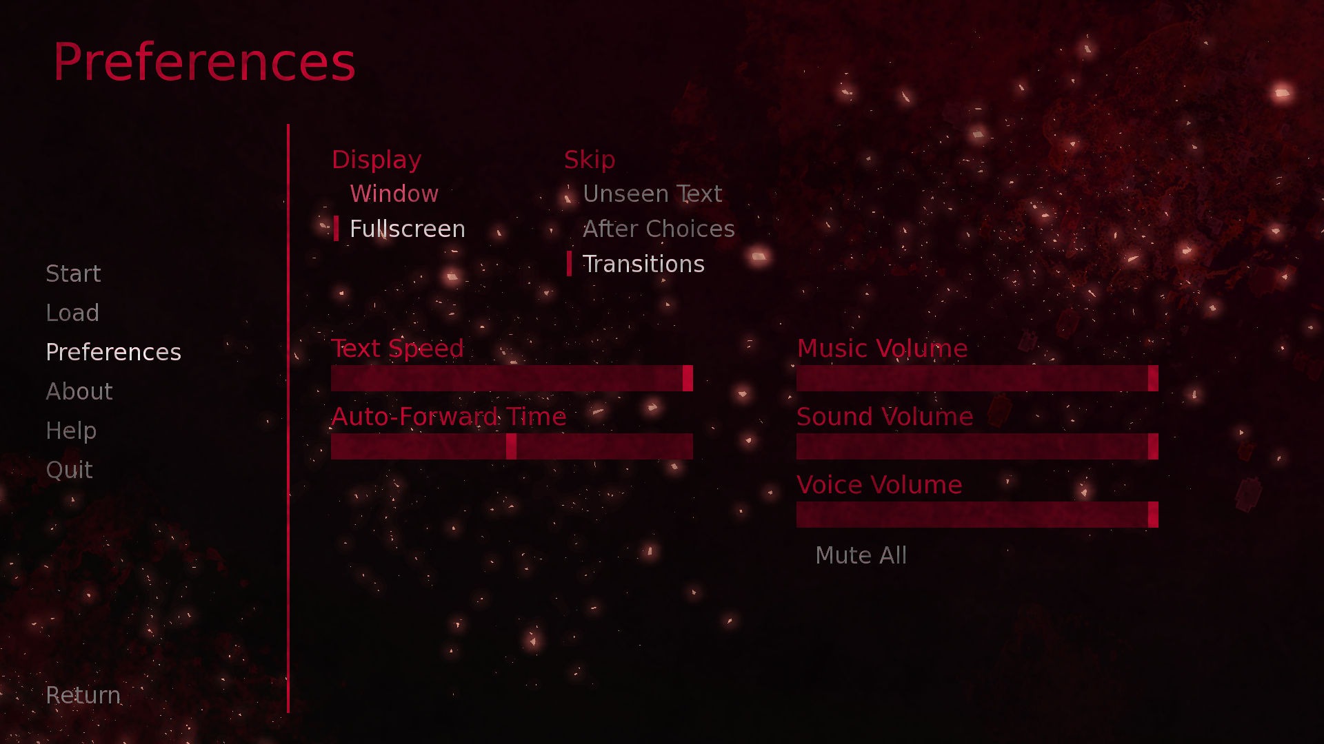 Menu d'options et de préférences du jeu Ayakashi Project.